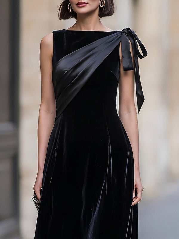 Velvet Midi Dress Satin Shoulder Bow Detail