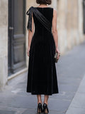 Velvet Midi Dress Satin Shoulder Bow Detail 4