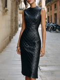 Quilted Faux Leather Sheath Midi Dress Fitted 1