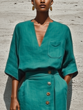 Women's Teal Linen Blouse and Wrap Skirt Set 3/4 Sleeve 3