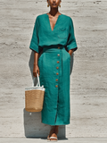 Women's Teal Linen Blouse and Wrap Skirt Set 3/4 Sleeve 1