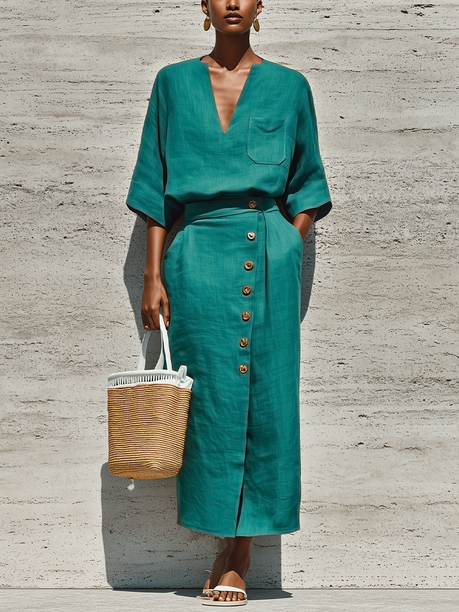 Women's Teal Linen Blouse and Wrap Skirt Set 3/4 Sleeve