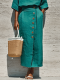 Women's Teal Linen Blouse and Wrap Skirt Set 3/4 Sleeve 4