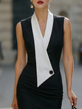 Sheath Midi Dress Contrast Lapel Sleeveless Fitted 2