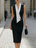 Sheath Midi Dress Contrast Lapel Sleeveless Fitted 1