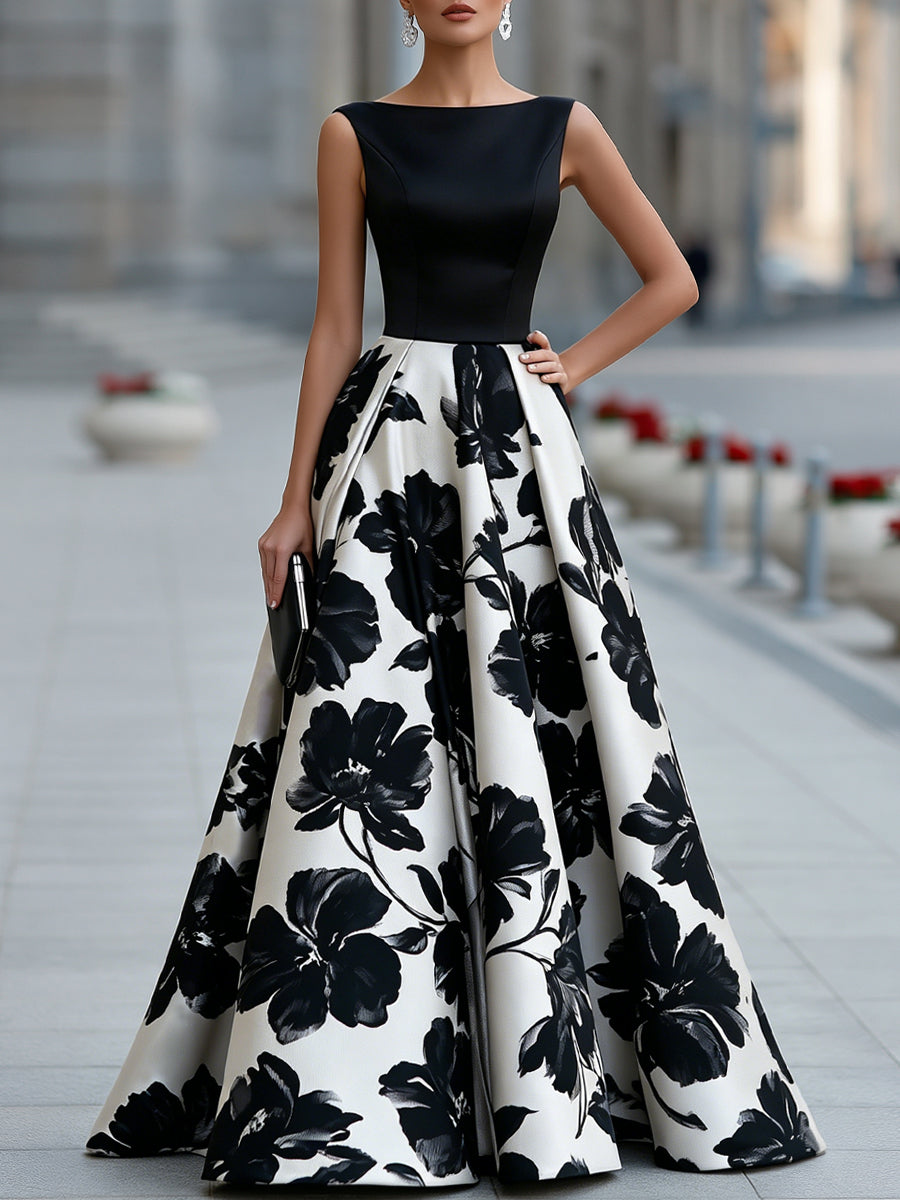 Floral Maxi Dress Sleeveless Boat Neck Full Skirt