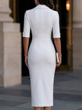 Fitted V-Neck Midi Dress Pearl Button Detail 4
