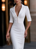 Fitted V-Neck Midi Dress Pearl Button Detail 2