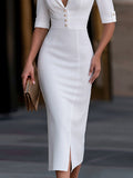 Fitted V-Neck Midi Dress Pearl Button Detail 3