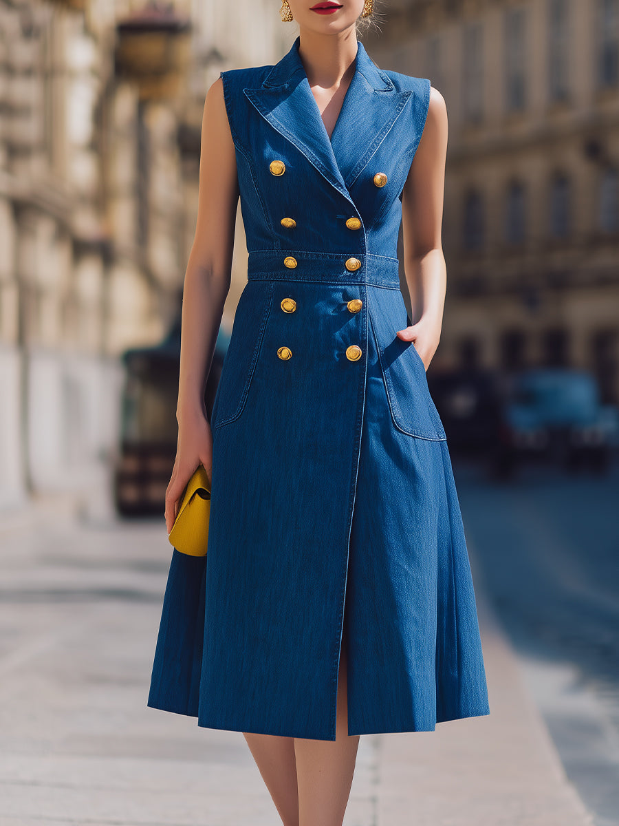 Denim Midi Trench Dress Sleeveless Double-Breasted