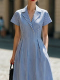 Striped Fit-and-Flare Midi Dress Notched Lapel Short Sleeve Blue White 3
