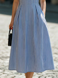 Striped Fit-and-Flare Midi Dress Notched Lapel Short Sleeve Blue White 4