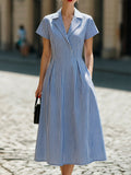 Striped Fit-and-Flare Midi Dress Notched Lapel Short Sleeve Blue White 1