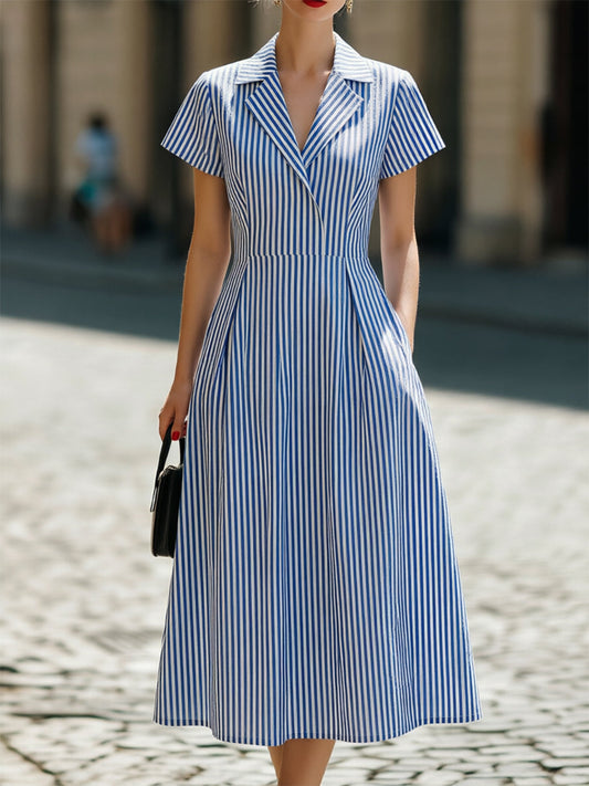 Blue & White Stripe Notched Lapel Short Sleeve Fit-and-Flare Midi Dress