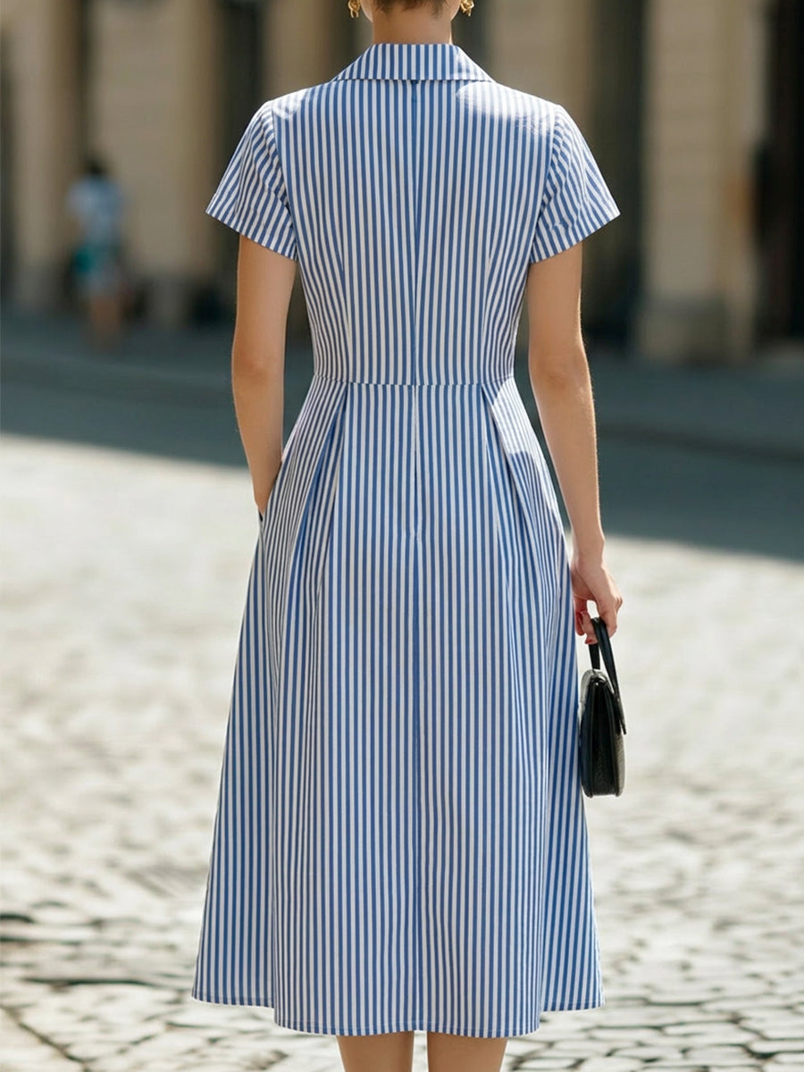 Blue & White Stripe Notched Lapel Short Sleeve Fit-and-Flare Midi Dress