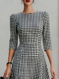 Gingham Fit-and-Flare Midi Dress Round Neck 3/4 Sleeve Black White 3