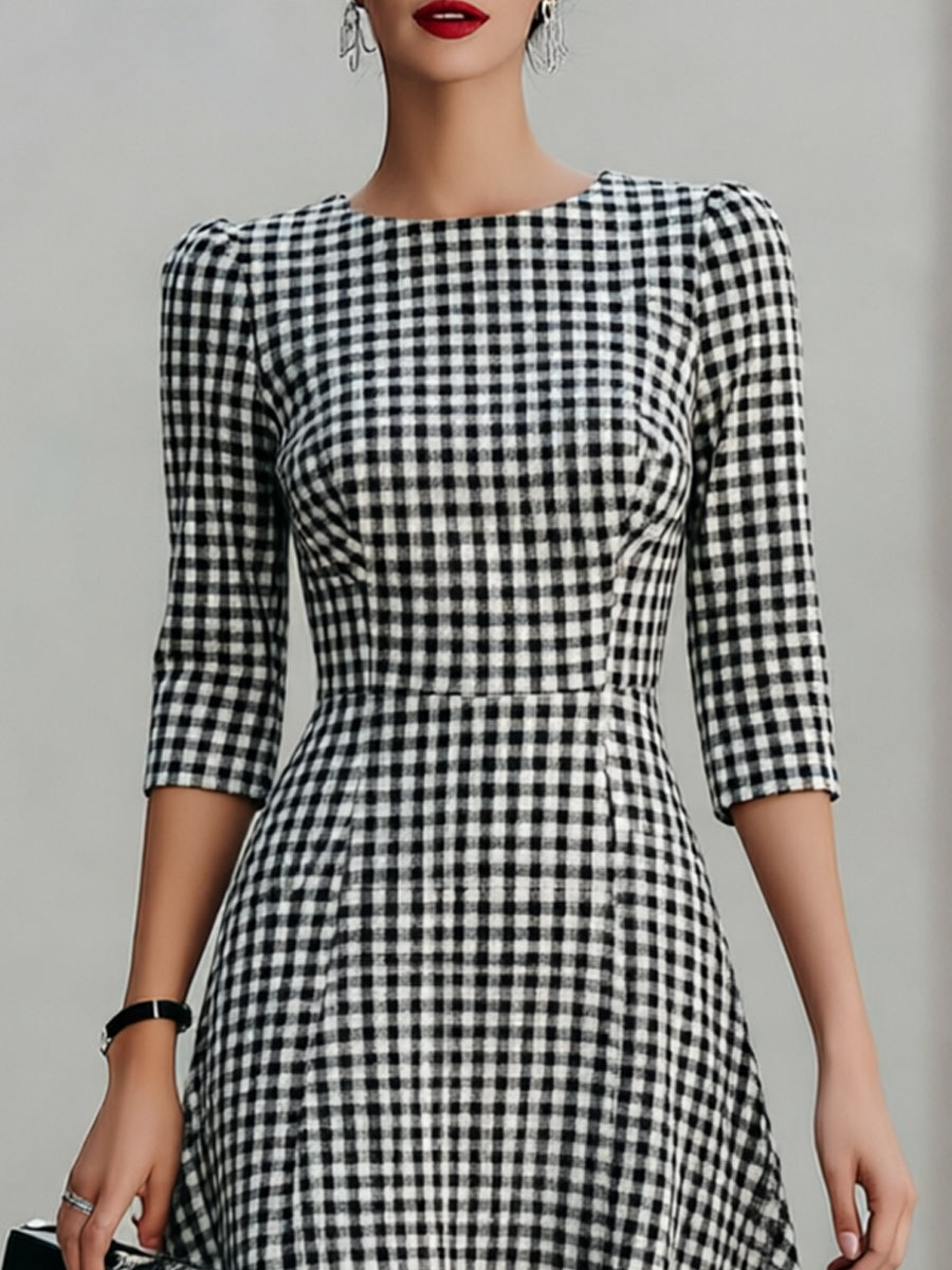 Black & White Gingham Round Neck 3/4 Sleeve Fit-and-Flare Midi Dress