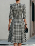 Gingham Fit-and-Flare Midi Dress Round Neck 3/4 Sleeve Black White 2