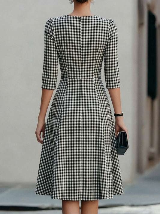 Black & White Gingham Round Neck 3/4 Sleeve Fit-and-Flare Midi Dress