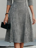 Gingham Fit-and-Flare Midi Dress Round Neck 3/4 Sleeve Black White 4