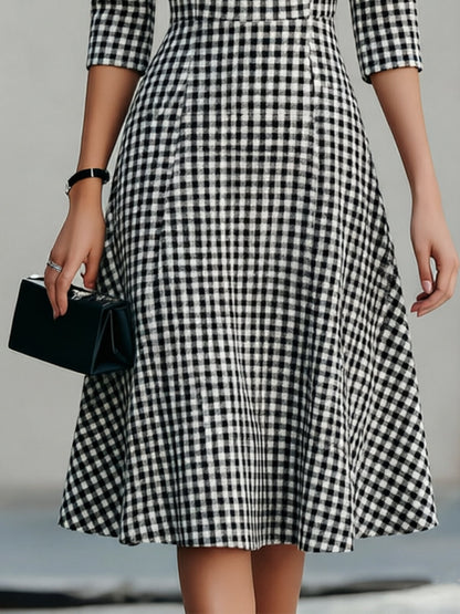 Black & White Gingham Round Neck 3/4 Sleeve Fit-and-Flare Midi Dress