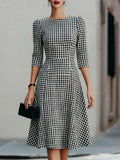 Gingham Fit-and-Flare Midi Dress Round Neck 3/4 Sleeve Black White 1