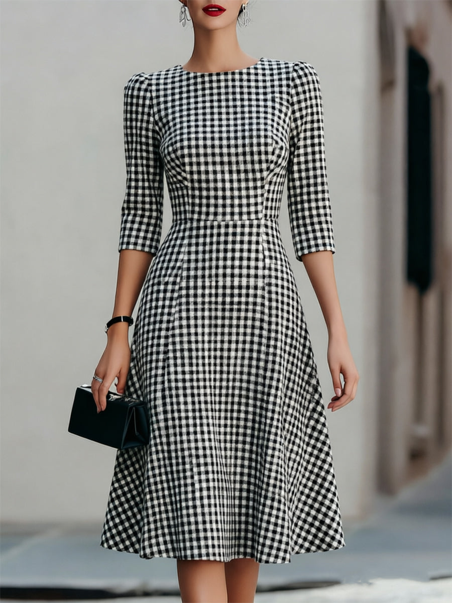 Black & White Gingham Round Neck 3/4 Sleeve Fit-and-Flare Midi Dress