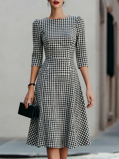 Black & White Gingham Round Neck 3/4 Sleeve Fit-and-Flare Midi Dress