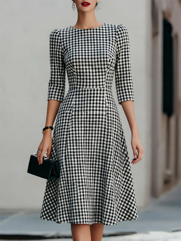 Gingham Fit-and-Flare Midi Dress Round Neck 3/4 Sleeve Black White