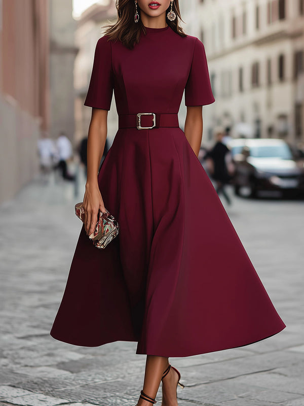 A-Line Midi Dress Short Sleeve Belted Waist