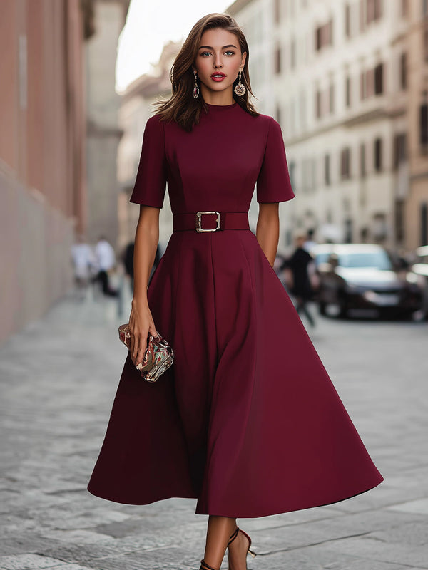 A-Line Midi Dress Short Sleeve Belted Waist