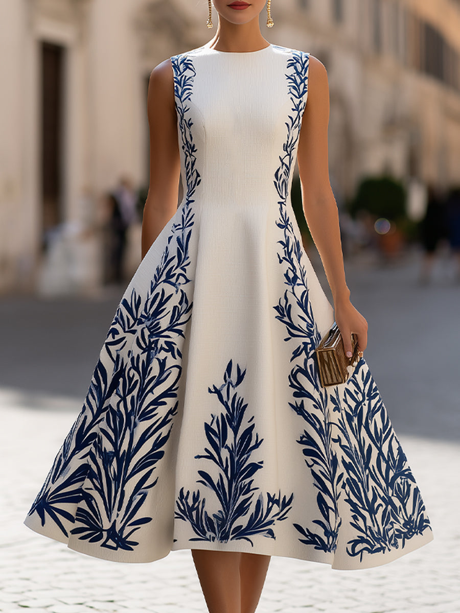 Printed A-Line Midi Dress Sleeveless Fitted