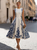 Printed A-Line Midi Dress Sleeveless Fitted 2