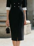 Pencil Midi Dress Split V-Neck Double-Breasted Contrast Cuff 4