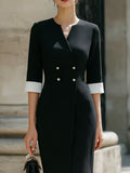 Pencil Midi Dress Split V-Neck Double-Breasted Contrast Cuff 3