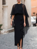 Chiffon Maxi Dress Ruffle Slit Cape Overlay 1
