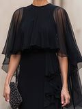 Chiffon Maxi Dress Ruffle Slit Cape Overlay 3