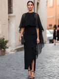 Chiffon Maxi Dress Ruffle Slit Cape Overlay 2