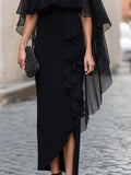 Chiffon Maxi Dress Ruffle Slit Cape Overlay 4