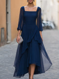 A-Line Midi Dress Chiffon Square Neck High-Low Hem 1