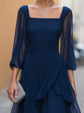 A-Line Midi Dress Chiffon Square Neck High-Low Hem 3