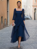 A-Line Midi Dress Chiffon Square Neck High-Low Hem 2