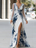 Printed Maxi Dress Sheer Mesh Front Slit 1