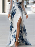 Printed Maxi Dress Sheer Mesh Front Slit 3