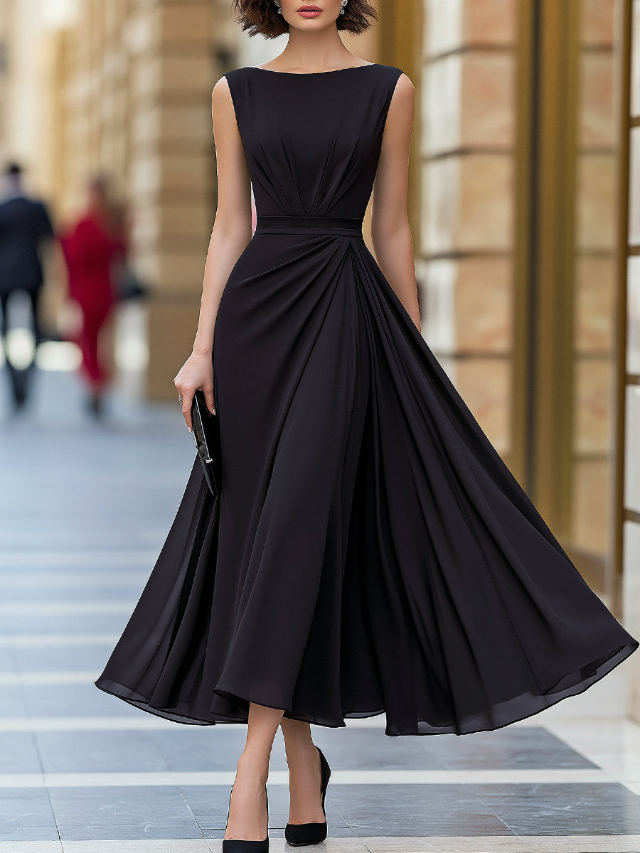 Chiffon Pleated A-Line Midi Dress Sleeveless