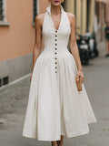 Midi Dress Halter Neck Button-Front Fitted 1