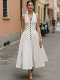Midi Dress Halter Neck Button-Front Fitted 2