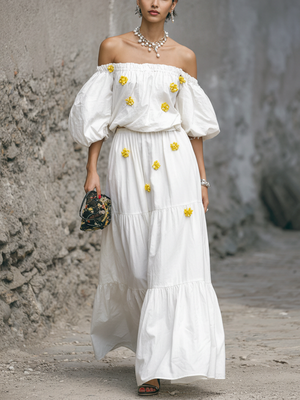 Women's White Cotton Blend Off-Shoulder Dress Set Puff Sleeve 3D Floral