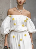 Women's White Cotton Blend Off-Shoulder Dress Set Puff Sleeve 3D Floral 3