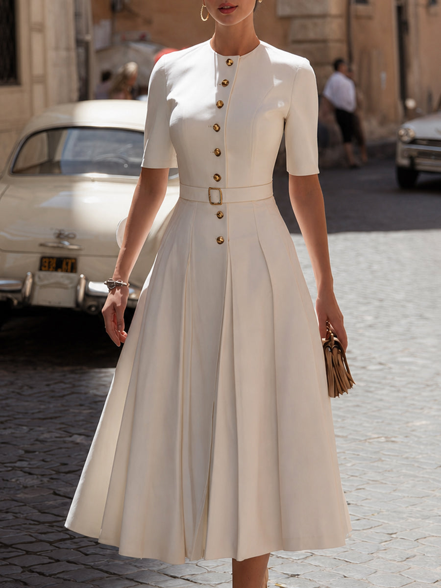 Crepe Midi Dress Button Front Belted Waist Vintage